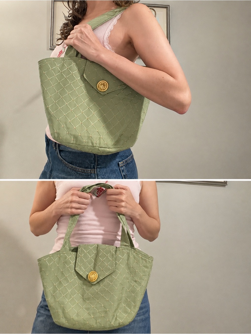 Handmade 90’s Tapestry Sage Green Tote Bag with Gold Button